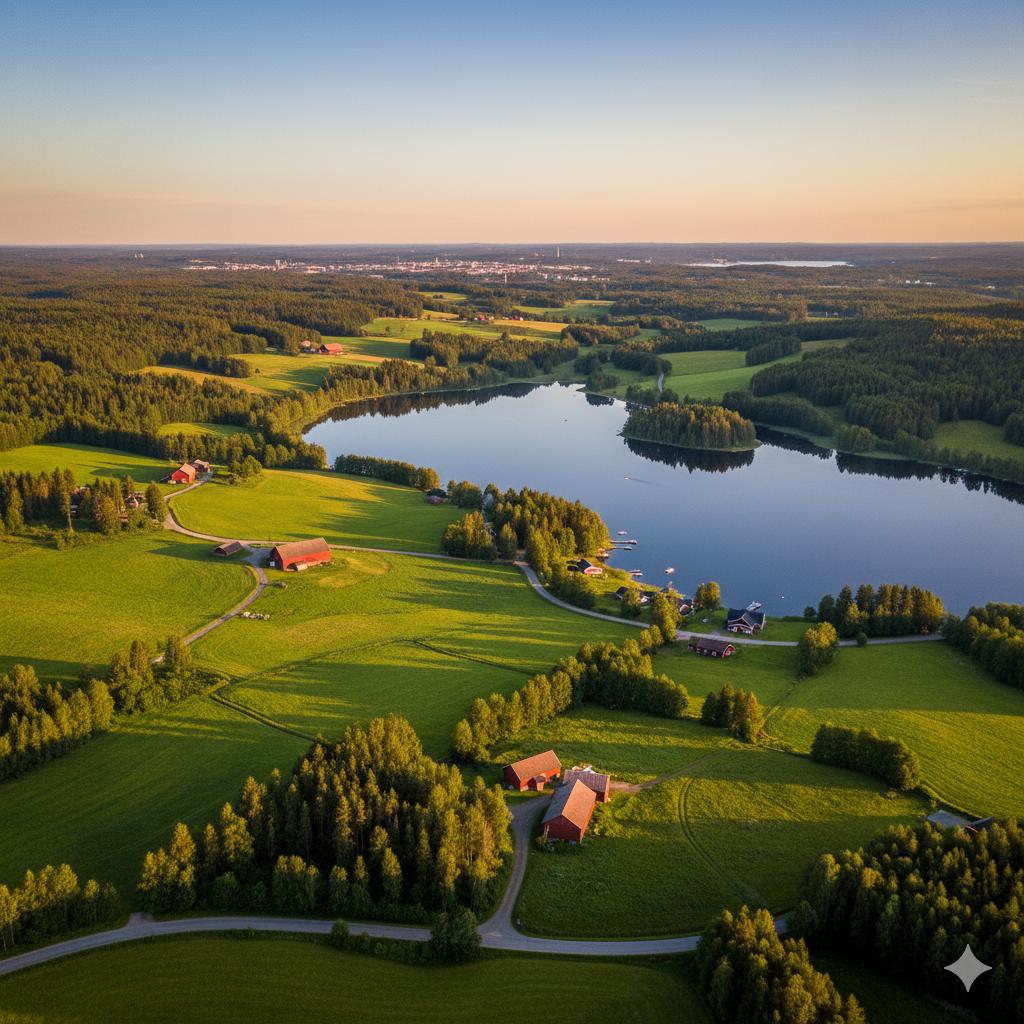 Bilde av grønn åker og innsjø i akershus