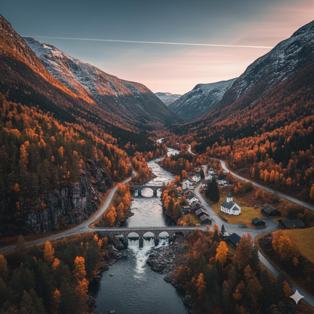 Elv med bro over mellom høye fjell