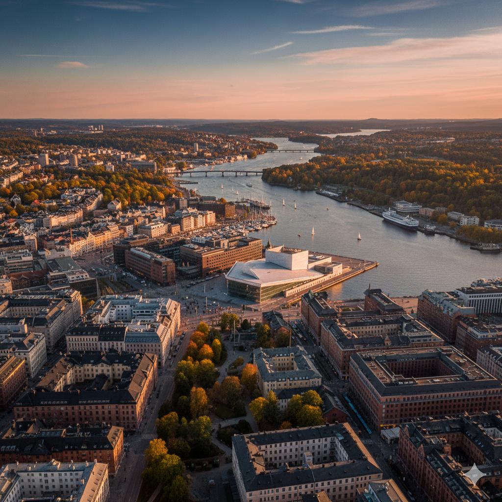Oslo sentrum i solnedgang