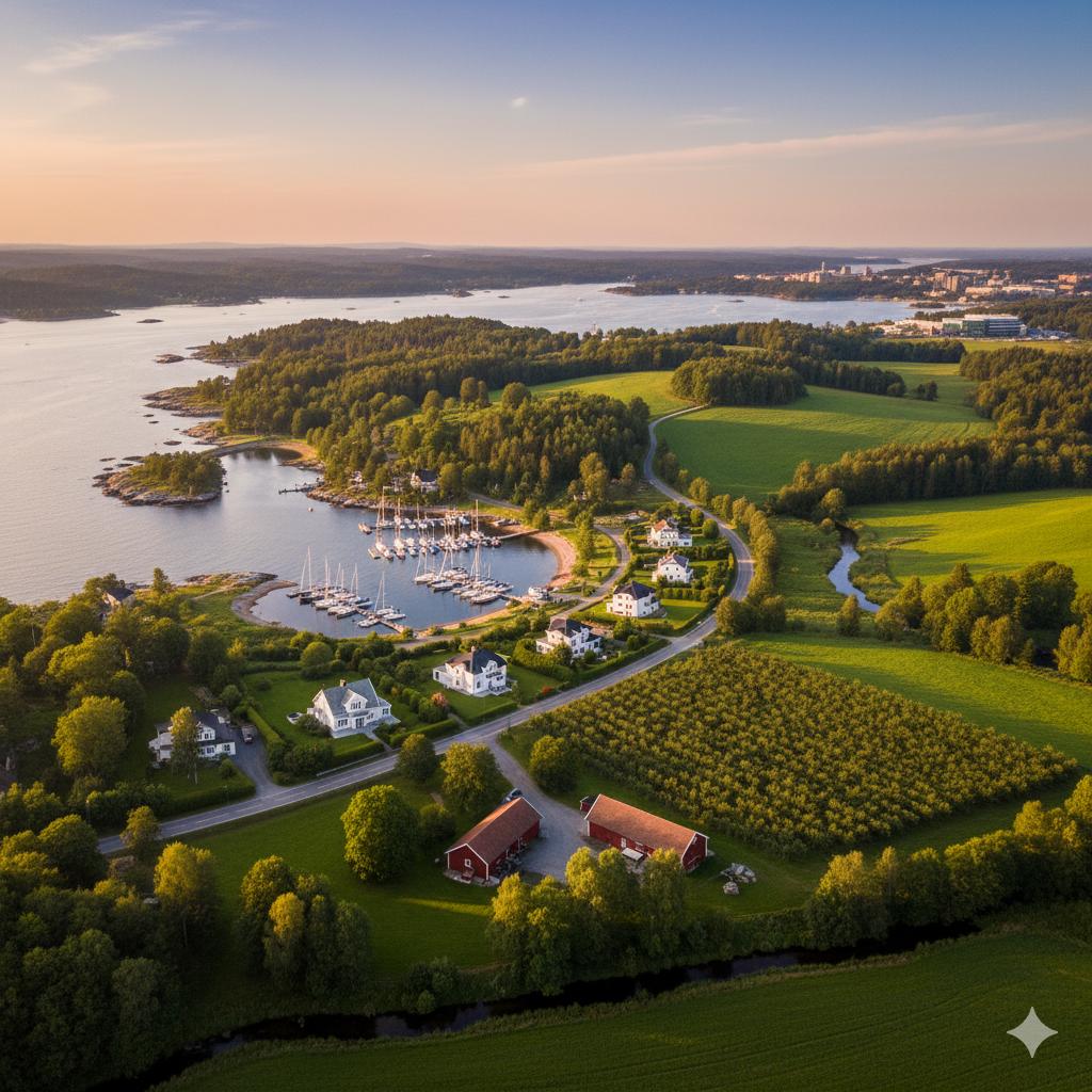 Hus langs vei og båthavn i asker