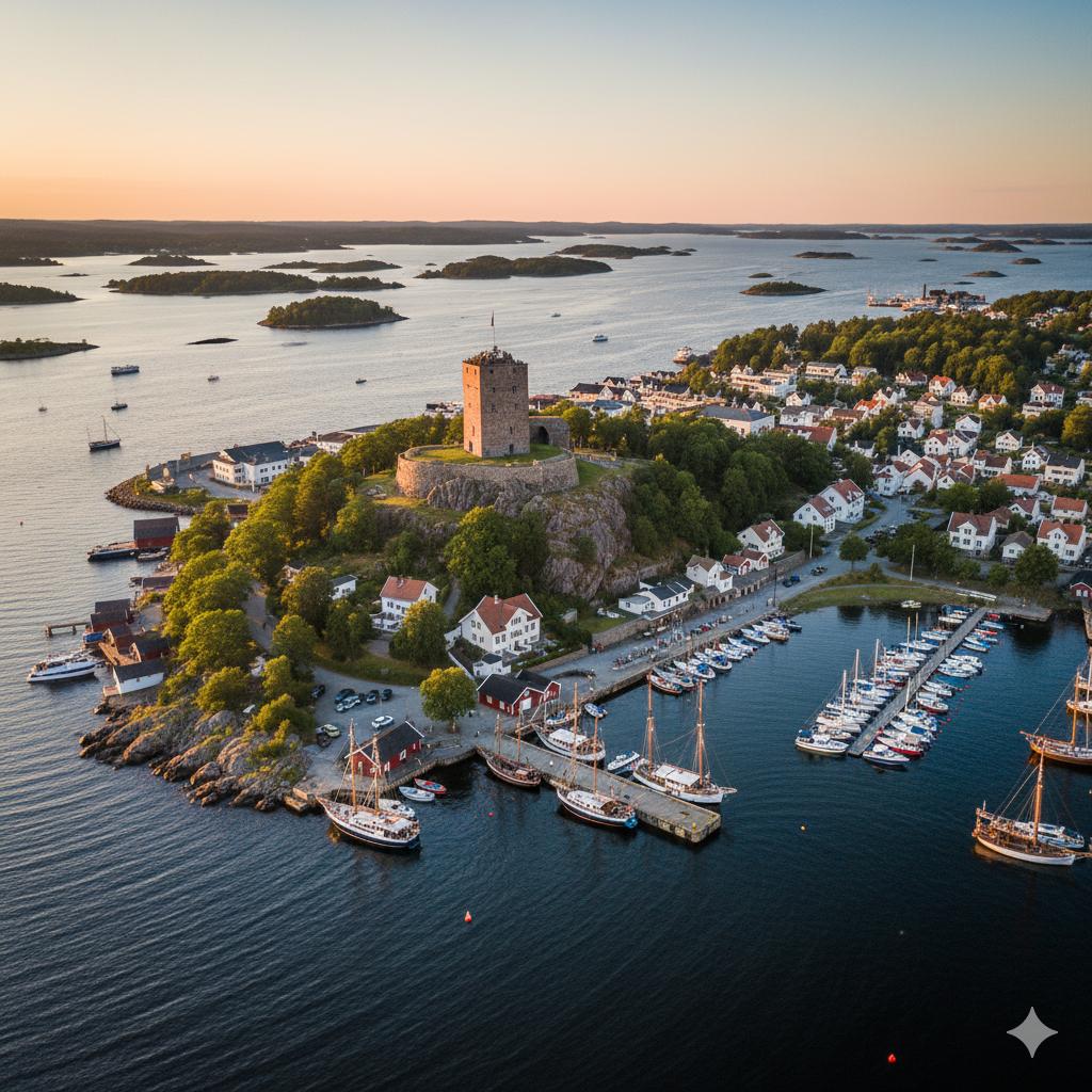 Båthavn og hus ved sjøen